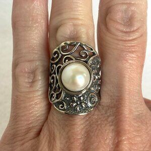 Didae Sterling Silver 925 Israel Modernist Scrollwork Pearl Wide Band Ring